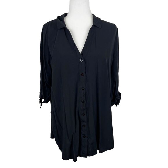 Cupshe Button Up Shirt Women Large Black Short Sleeve Swim Beach Coverup Top - Picture 1 of 15